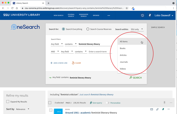 Screenshot of results screen for OneSearch, all items dropdown shows Books Articles, Journals and Videos