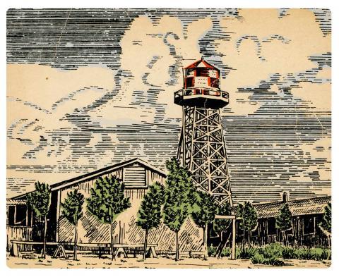 A sketch of a water tower and 2 houses with a cloudy background.