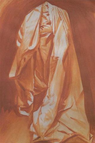 Postcard used in Cloak exhibit. Brown draped cloth.