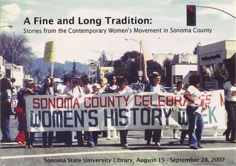 Women marching with banner Sonoma County Celebrates Women's History Week