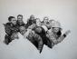 Graphite on paper artwork, 9 people wearing winter jackets